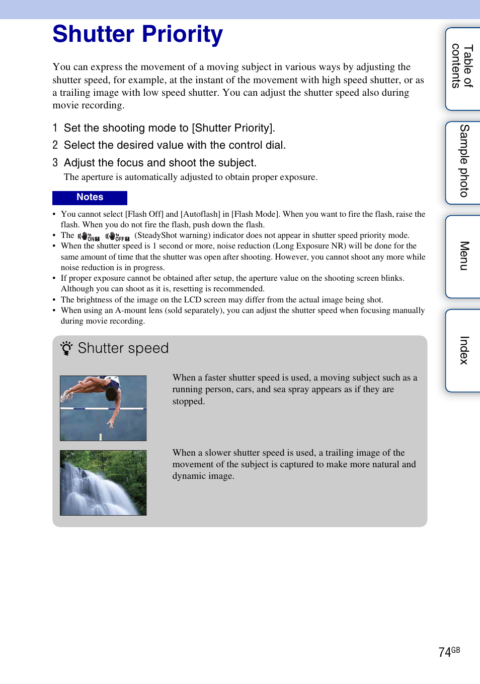 Shutter priority, Shutter speed | Sony NEX-5R User Manual | Page 74 / 247