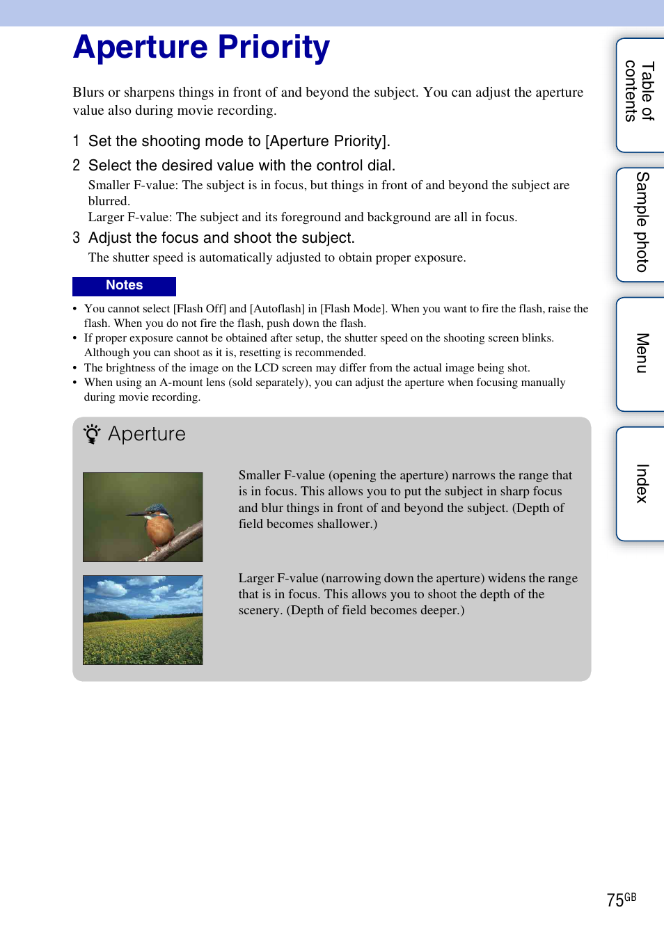 Aperture priority, Aperture | Sony NEX-5R User Manual | Page 75 / 247
