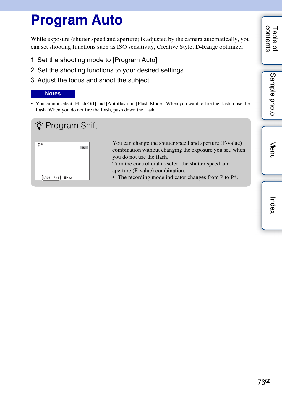 Program auto, Program shift | Sony NEX-5R User Manual | Page 76 / 247