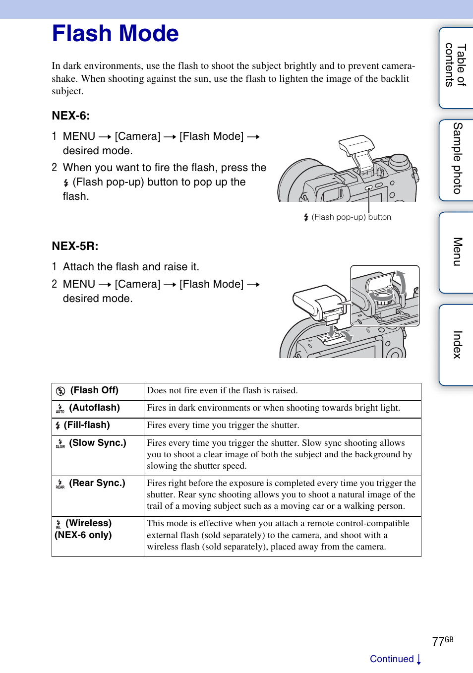 Flash mode, Nd (77 | Sony NEX-5R User Manual | Page 77 / 247