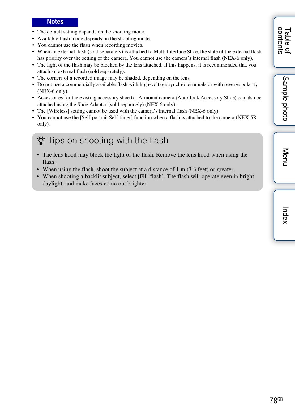 Tips on shooting with the flash | Sony NEX-5R User Manual | Page 78 / 247