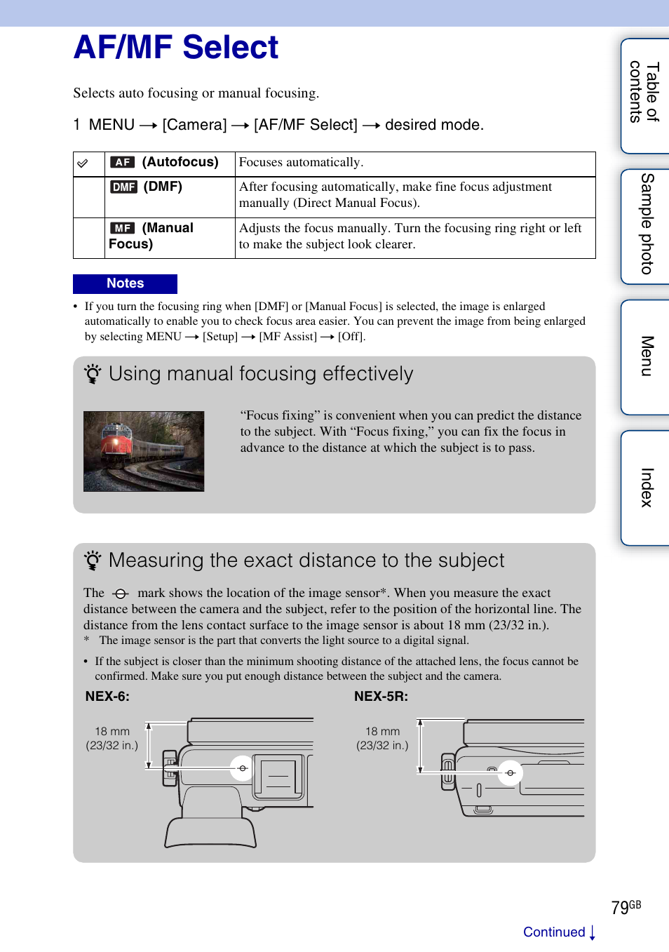 Af/mf select, Y (79), Rk (79) | Using manual focusing effectively, Measuring the exact distance to the subject | Sony NEX-5R User Manual | Page 79 / 247
