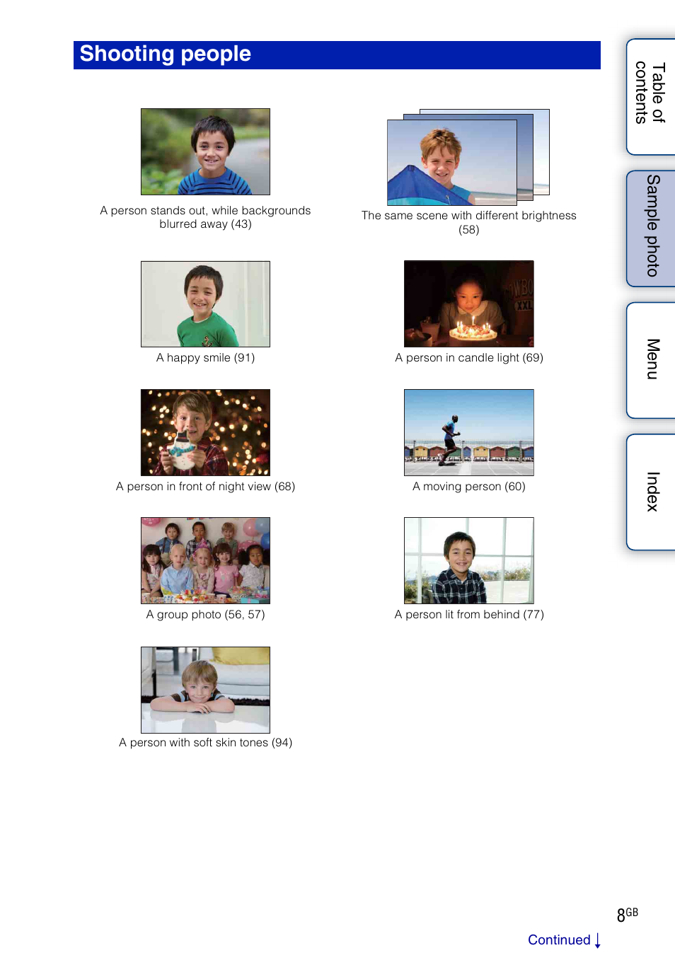 Shooting people (p, E 8) | Sony NEX-5R User Manual | Page 8 / 247