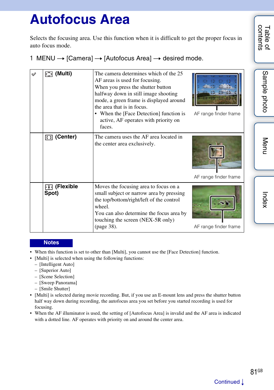 Autofocus area | Sony NEX-5R User Manual | Page 81 / 247