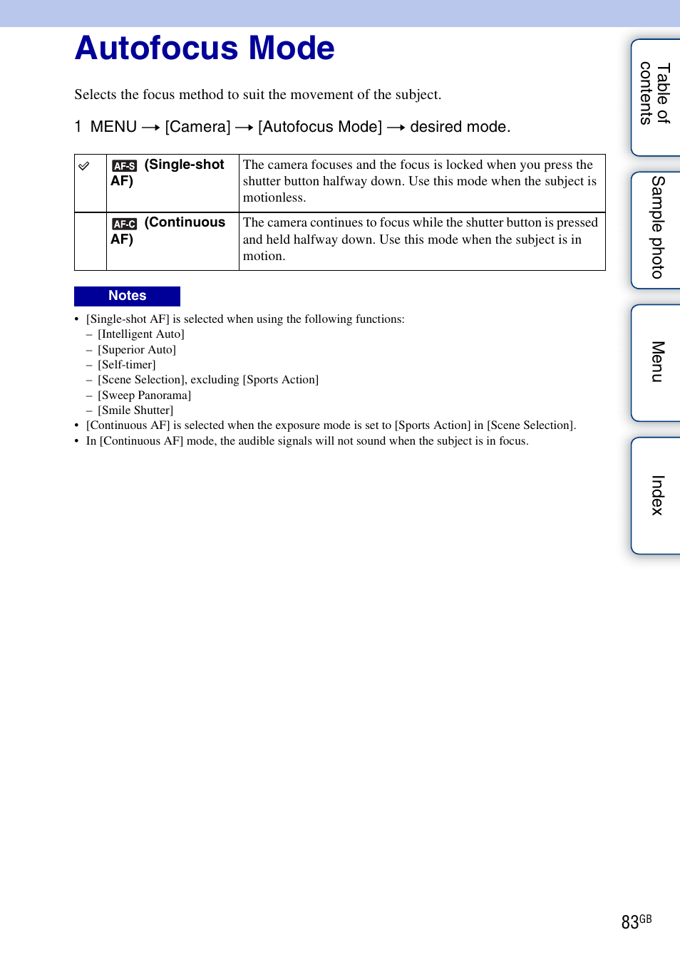 Autofocus mode | Sony NEX-5R User Manual | Page 83 / 247
