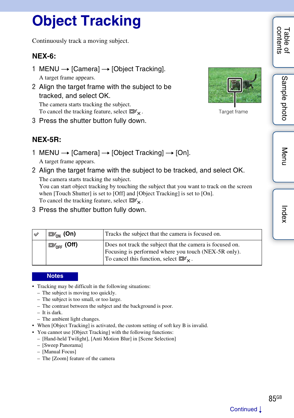 Object tracking | Sony NEX-5R User Manual | Page 85 / 247