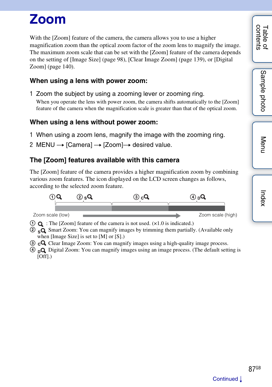 Zoom | Sony NEX-5R User Manual | Page 87 / 247