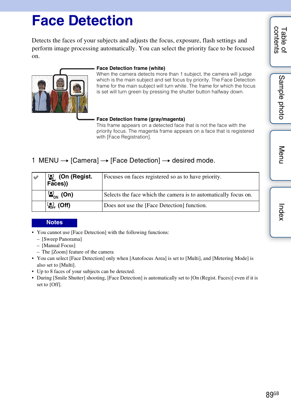 Face detection | Sony NEX-5R User Manual | Page 89 / 247