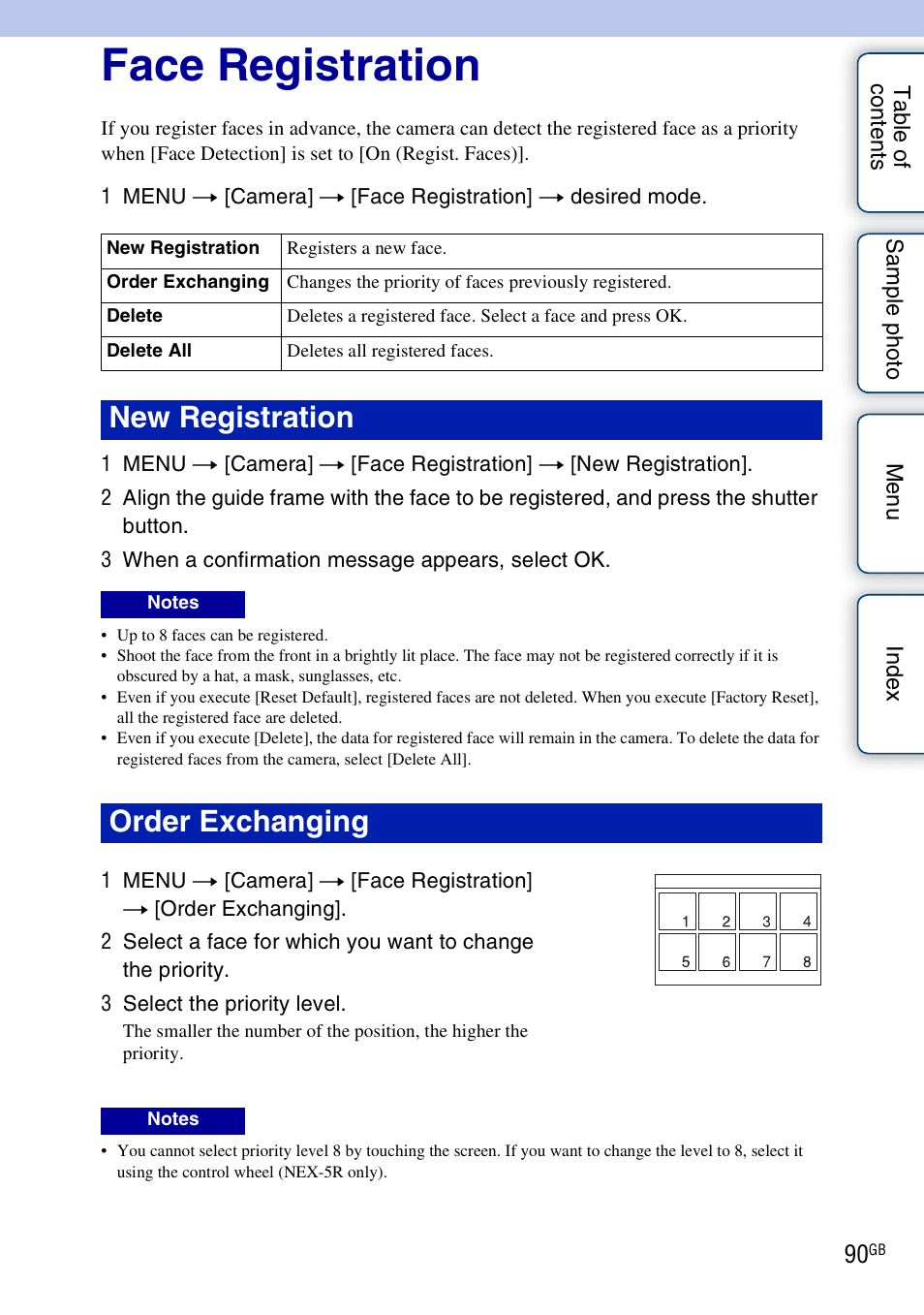 Face registration, New registration, Order exchanging | Sony NEX-5R User Manual | Page 90 / 247