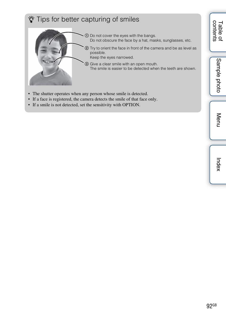 Tips for better capturing of smiles | Sony NEX-5R User Manual | Page 92 / 247