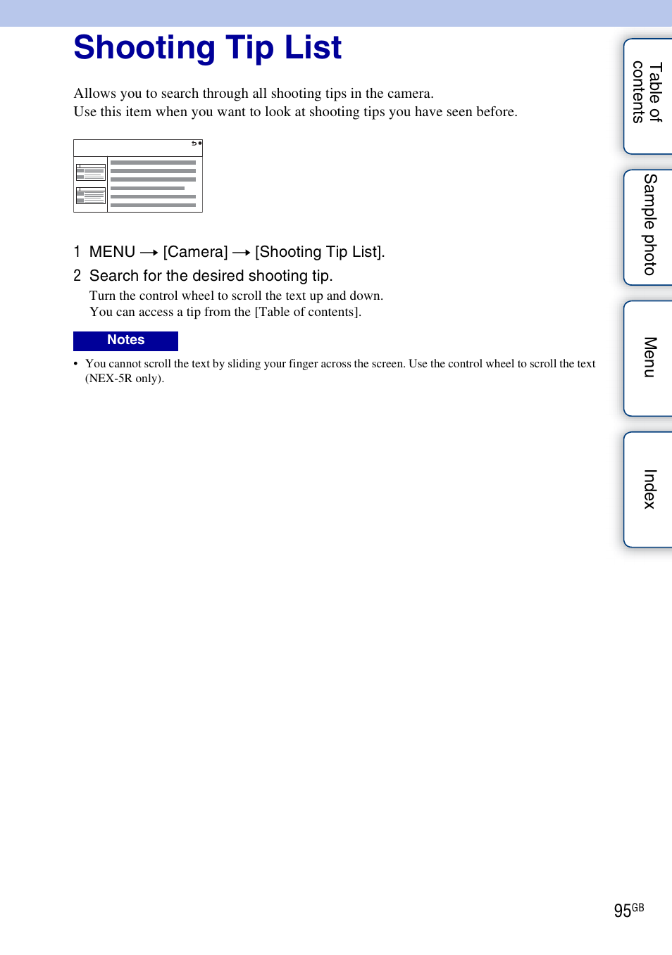 Shooting tip list | Sony NEX-5R User Manual | Page 95 / 247