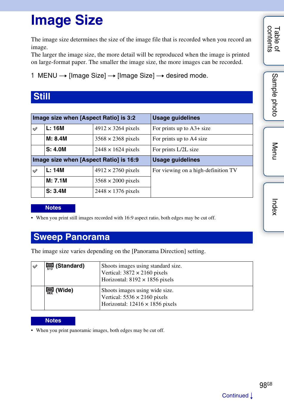 Image size, E 98, Still | Sweep panorama | Sony NEX-5R User Manual | Page 98 / 247