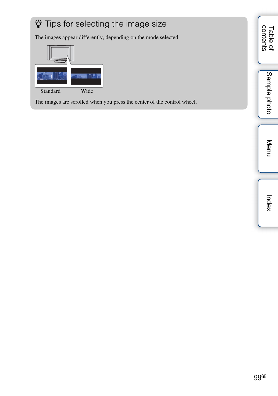 Tips for selecting the image size | Sony NEX-5R User Manual | Page 99 / 247