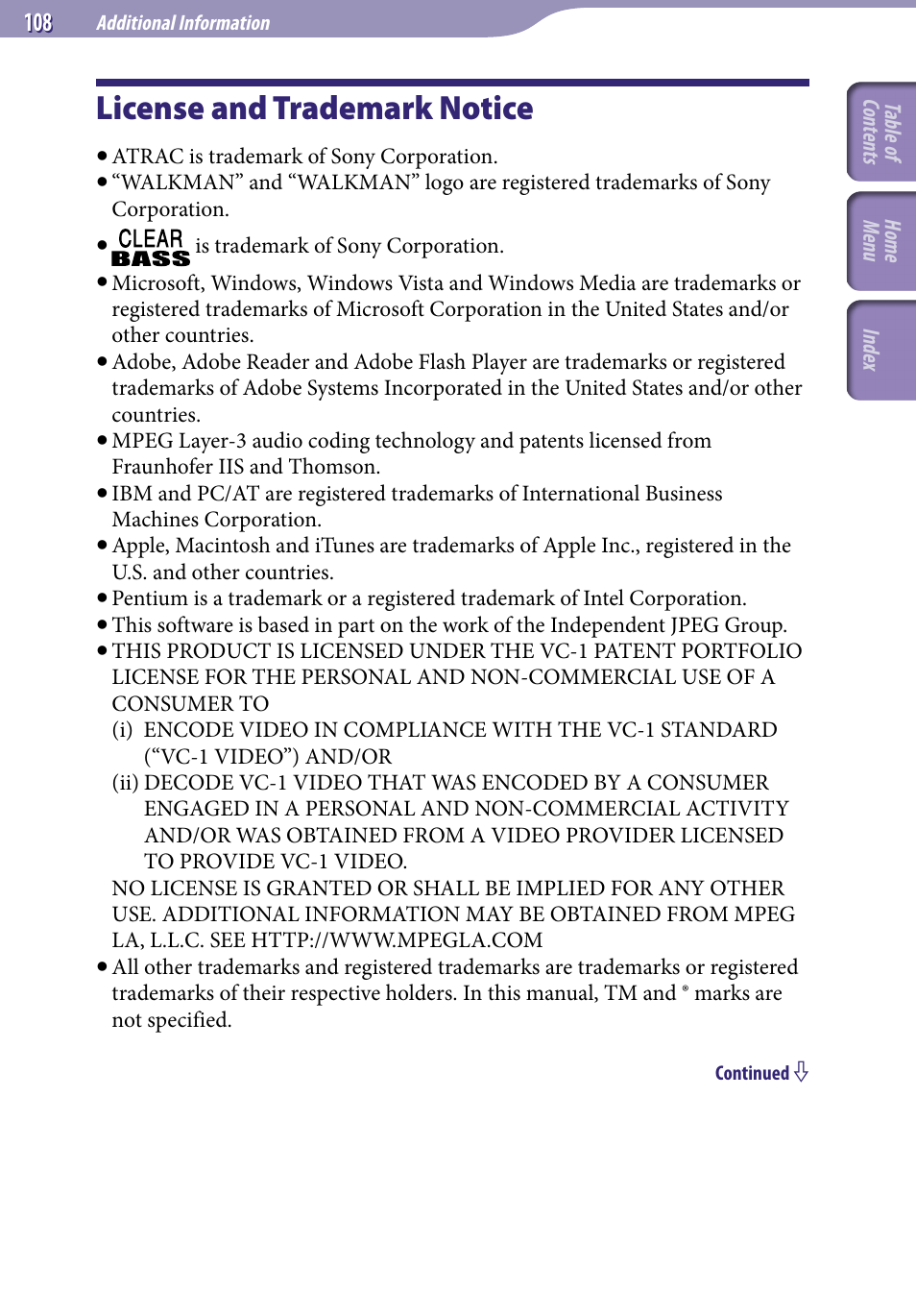 License and trademark notice | Sony NWZ-E345 User Manual | Page 108 / 119