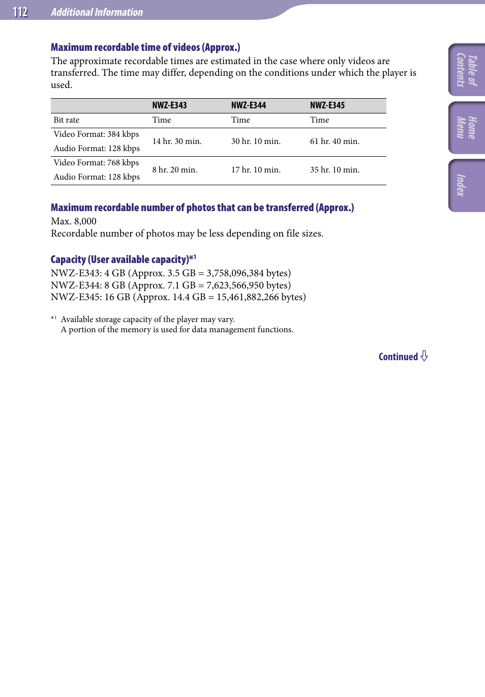 Table of cont ents home menu inde x | Sony NWZ-E345 User Manual | Page 112 / 119