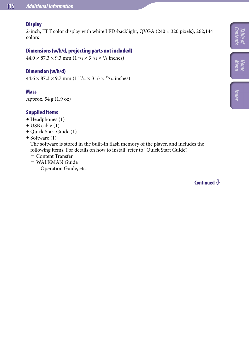 Table of cont ents home menu inde x | Sony NWZ-E345 User Manual | Page 115 / 119