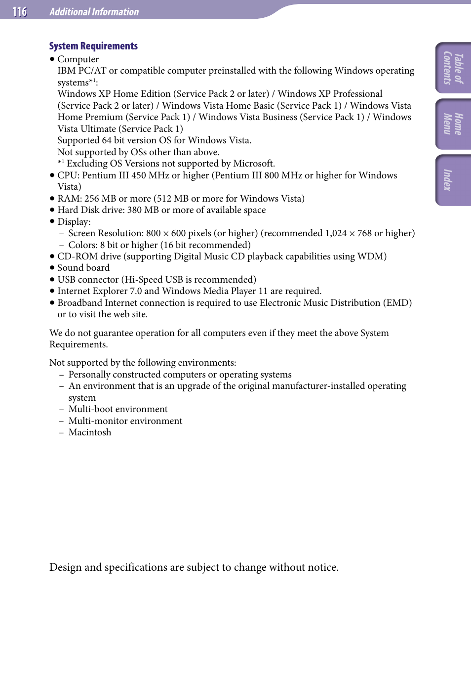 Table of cont ents home menu inde x | Sony NWZ-E345 User Manual | Page 116 / 119