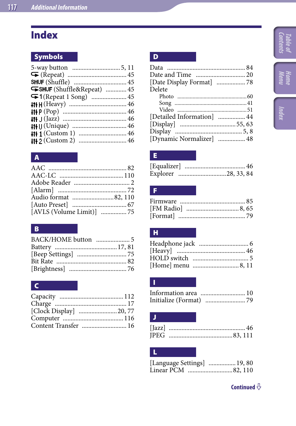 Index | Sony NWZ-E345 User Manual | Page 117 / 119