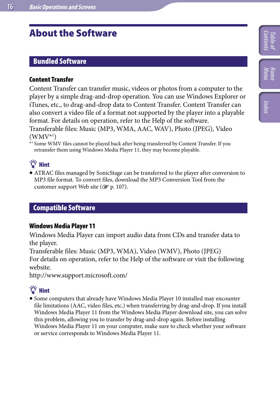 About the software, Bundled software, Compatible software | Sony NWZ-E345 User Manual | Page 16 / 119