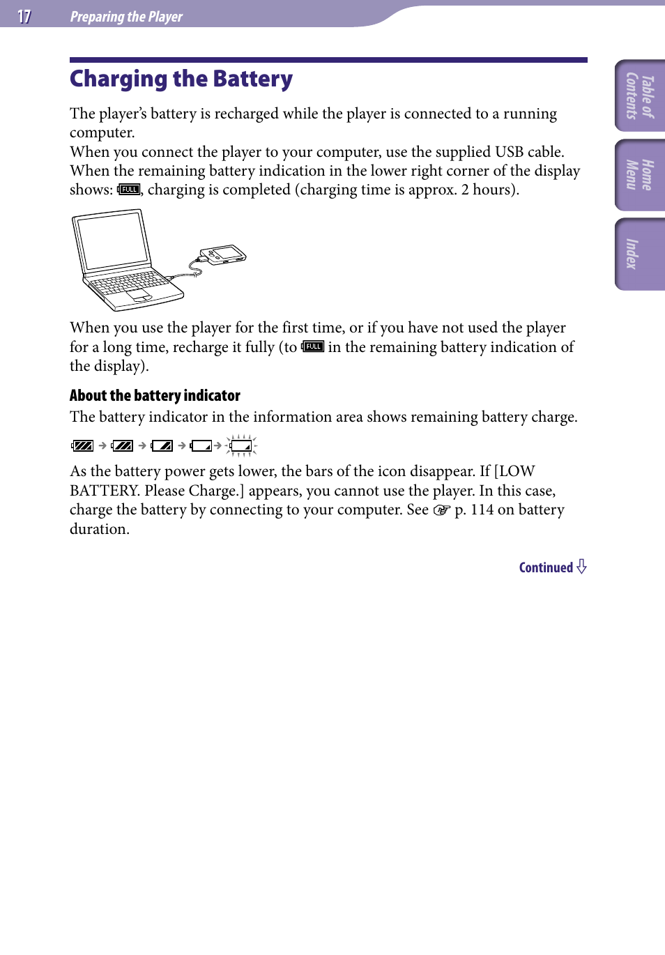 Preparing the player, Charging the battery | Sony NWZ-E345 User Manual | Page 17 / 119