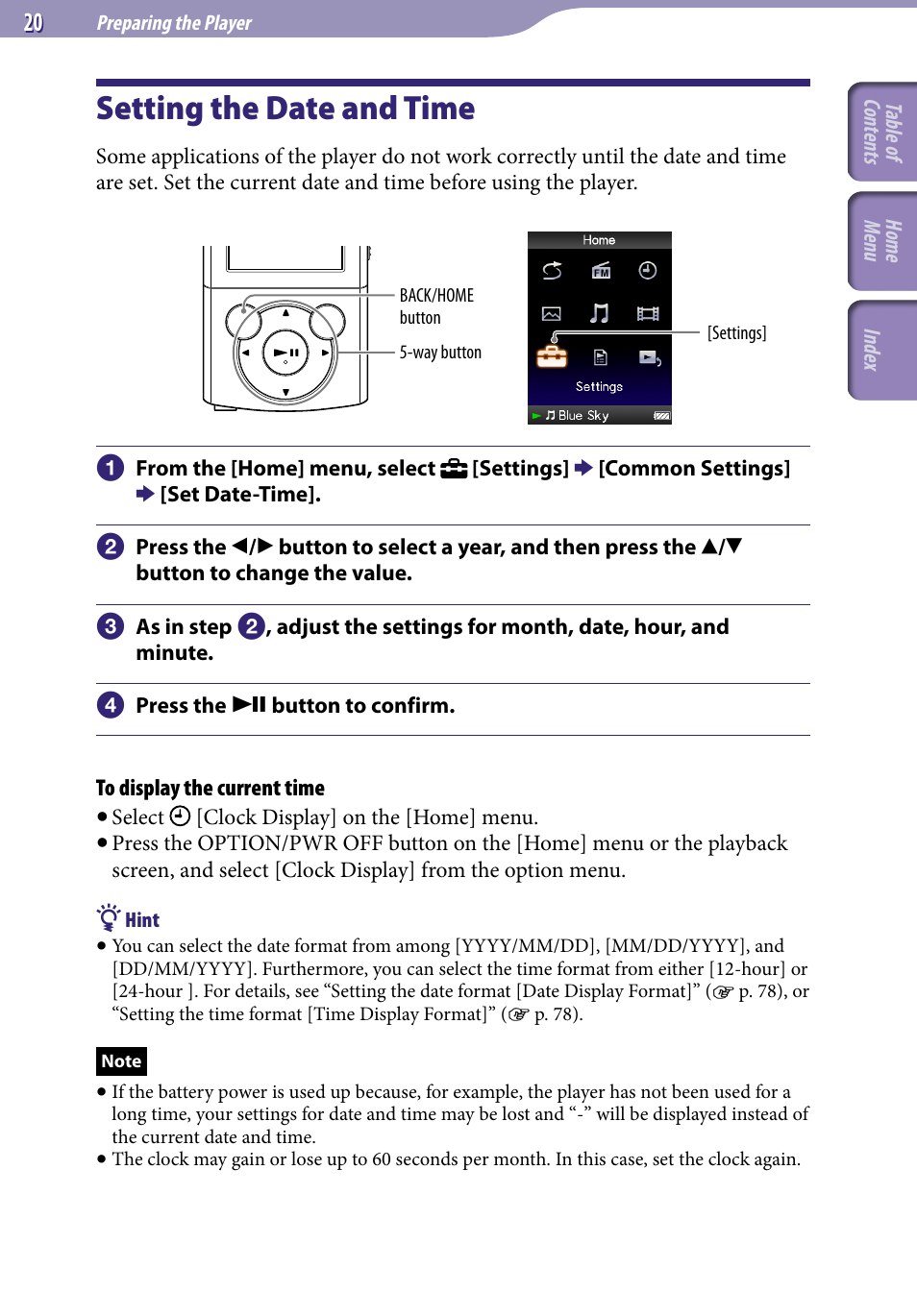 Setting the date and time | Sony NWZ-E345 User Manual | Page 20 / 119