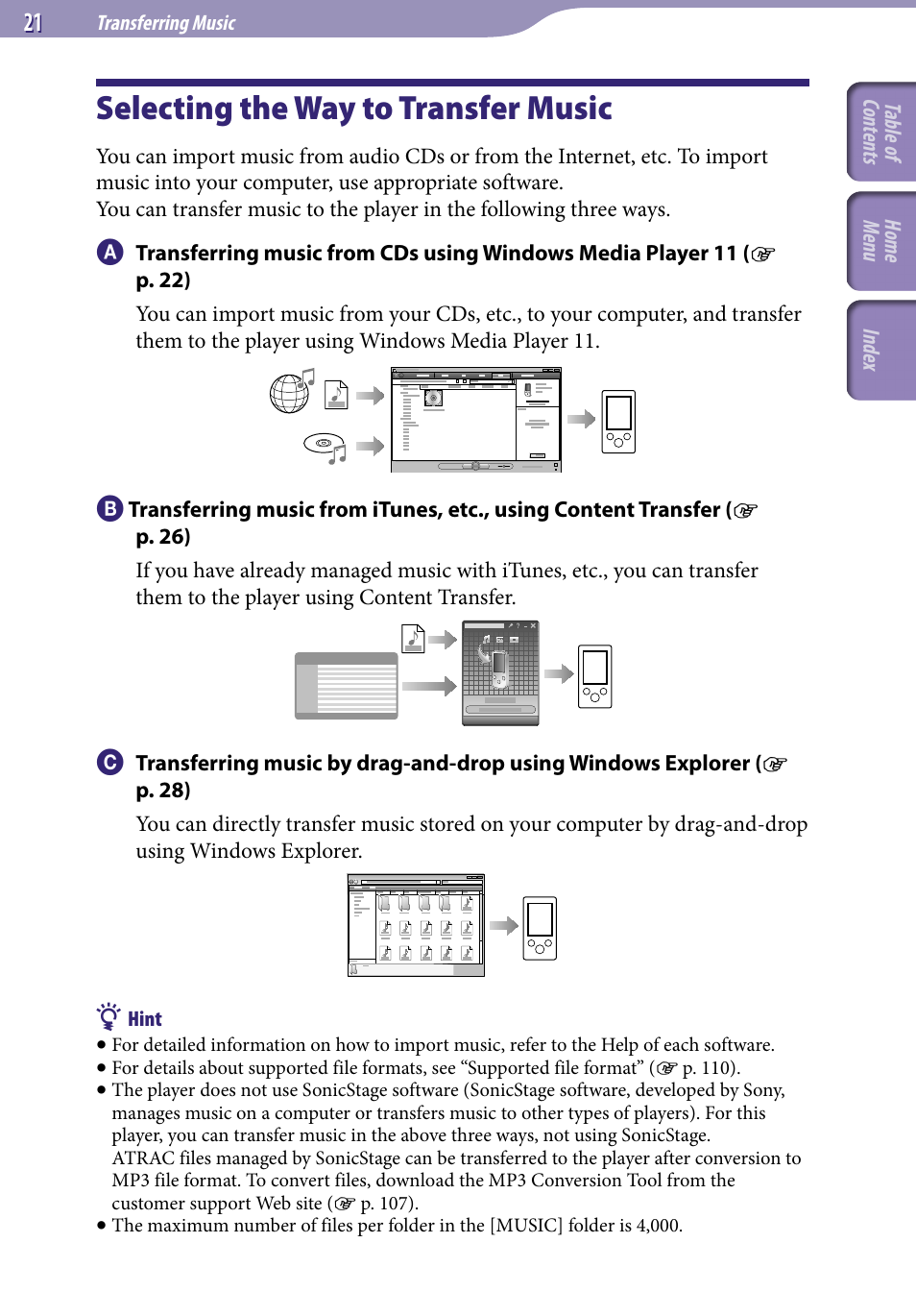 Transferring music, Selecting the way to transfer music | Sony NWZ-E345 User Manual | Page 21 / 119