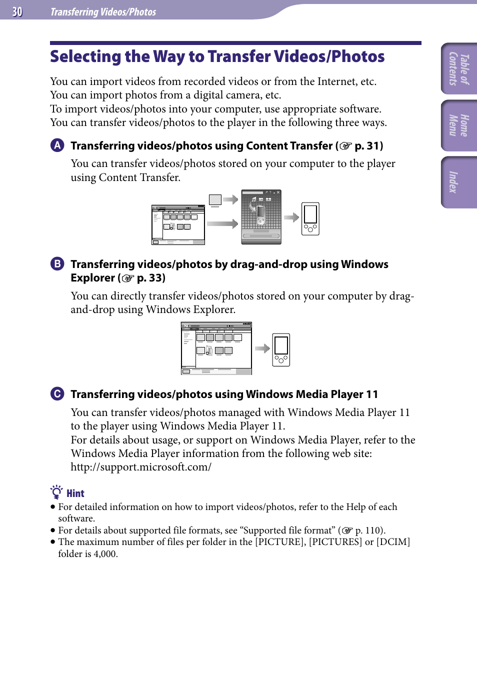 Transferring videos/photos, Selecting the way to transfer videos/photos, Selecting the way to transfer | Videos/photos | Sony NWZ-E345 User Manual | Page 30 / 119