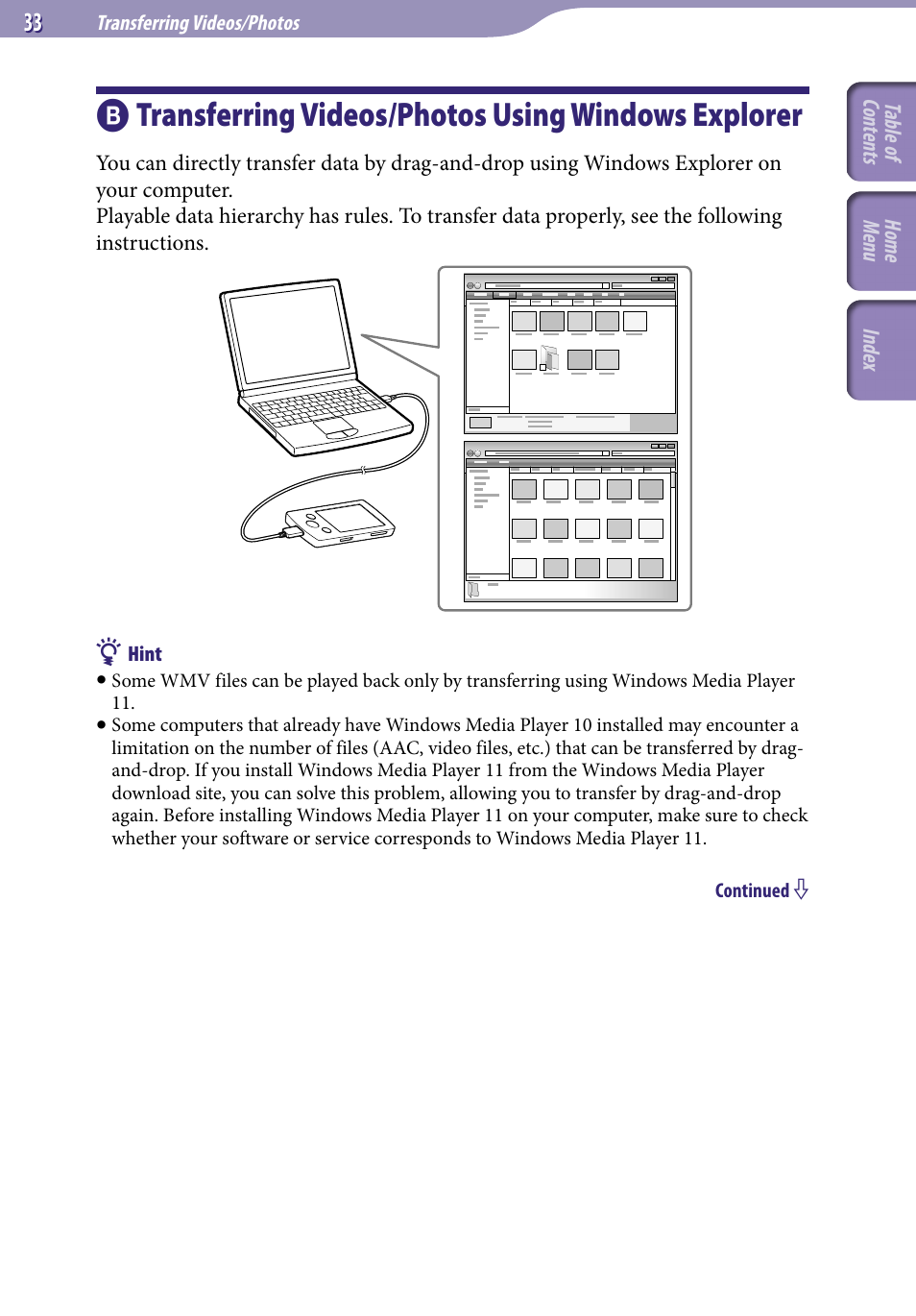 Transferring videos/photos using windows explorer, Transferring videos/photos using, Windows explorer | Sony NWZ-E345 User Manual | Page 33 / 119