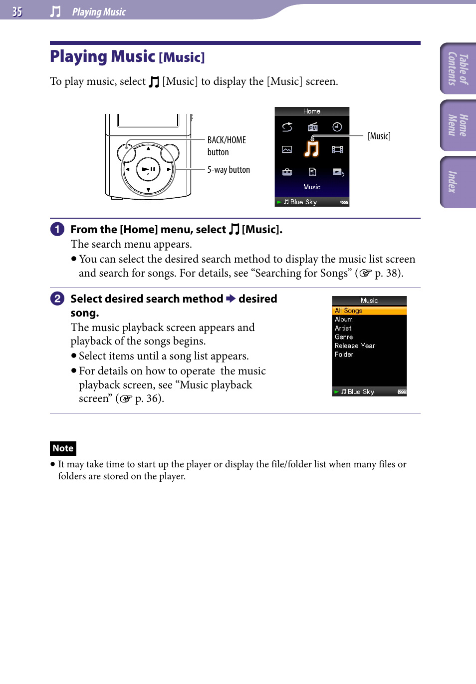 Playing music, Playing music [music, Music | Sony NWZ-E345 User Manual | Page 35 / 119