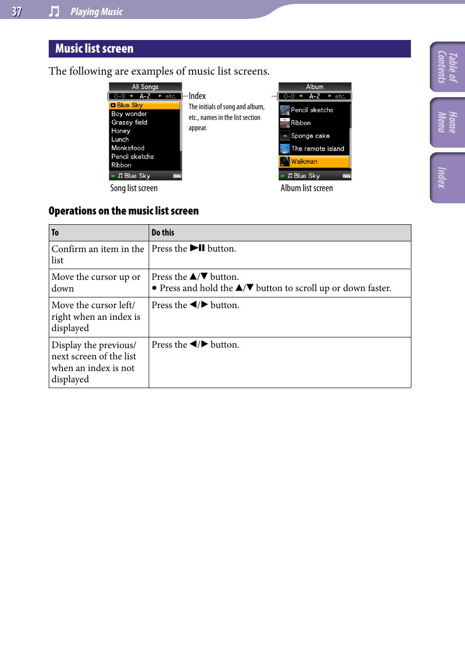 Music list screen | Sony NWZ-E345 User Manual | Page 37 / 119