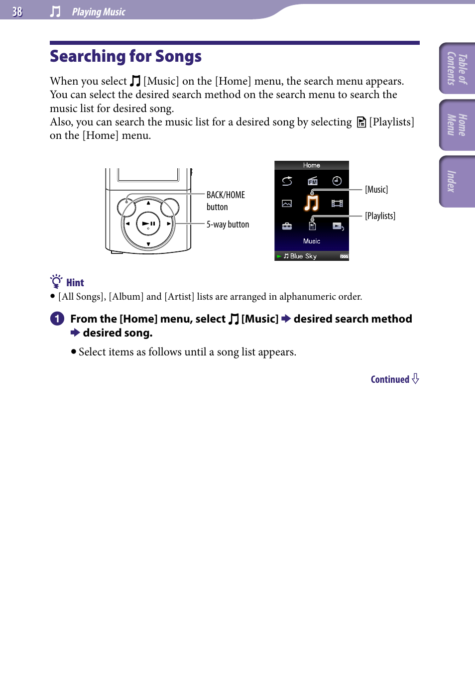 Searching for songs, E “searching for songs | Sony NWZ-E345 User Manual | Page 38 / 119