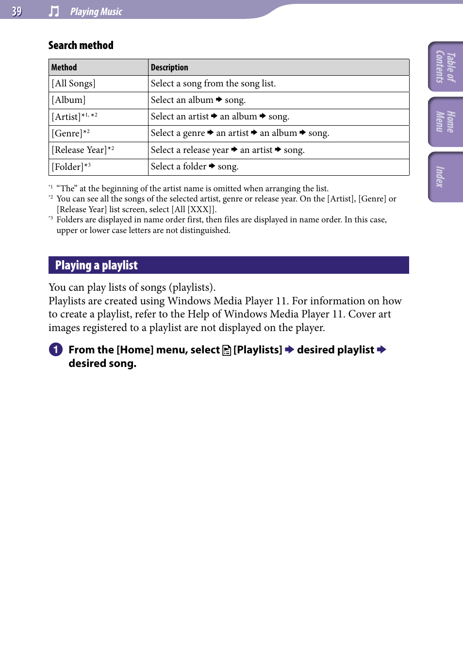 Playing a playlist, Search method, Table of cont ents home menu inde x | Sony NWZ-E345 User Manual | Page 39 / 119