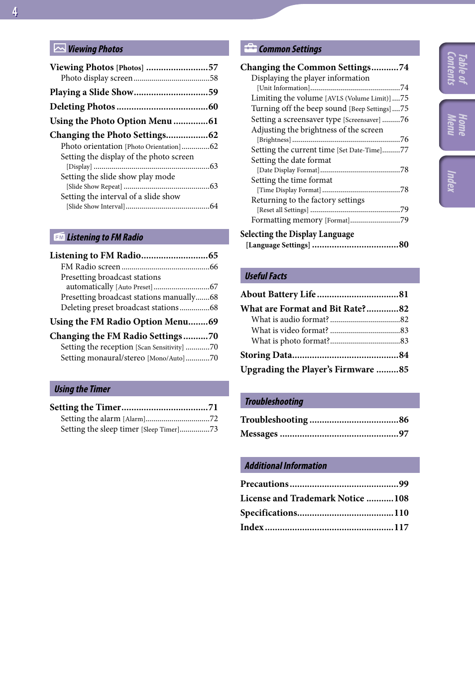 Table of cont ents home menu inde x | Sony NWZ-E345 User Manual | Page 4 / 119