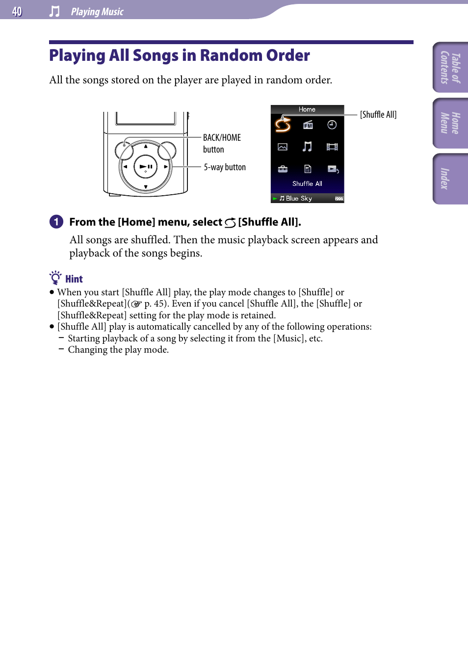 Playing all songs in random order | Sony NWZ-E345 User Manual | Page 40 / 119