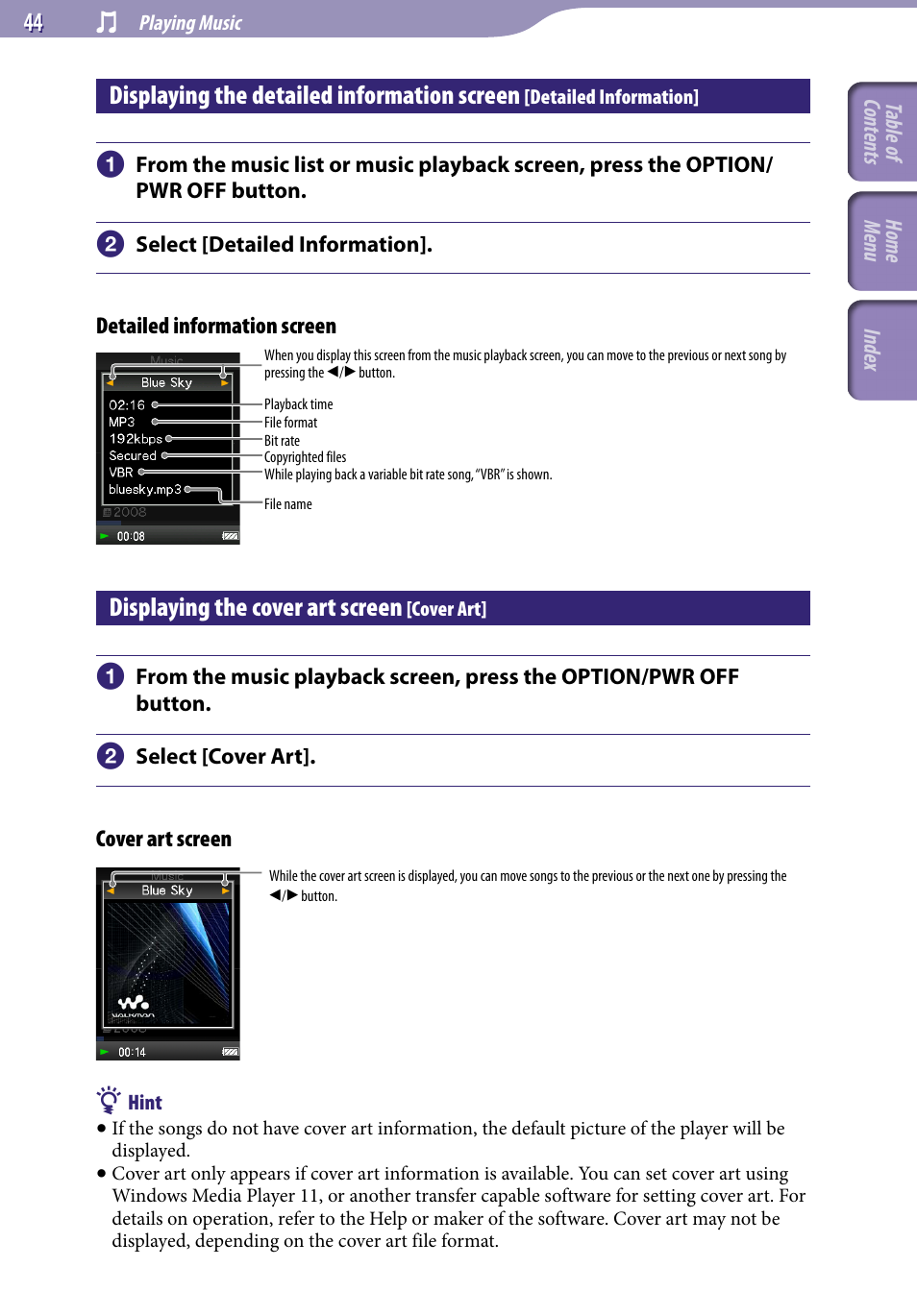 Displaying the cover art screen [cover art, Displaying the detailed information screen, Detailed information | Displaying the cover art screen, Cover art | Sony NWZ-E345 User Manual | Page 44 / 119