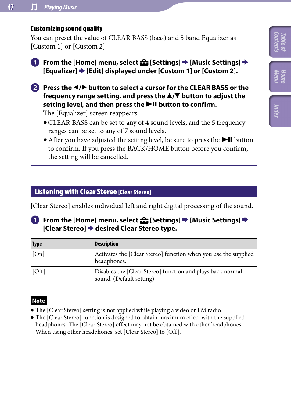 Listening with clear stereo [clear stereo, Listening with clear stereo, Clear stereo | Sony NWZ-E345 User Manual | Page 47 / 119