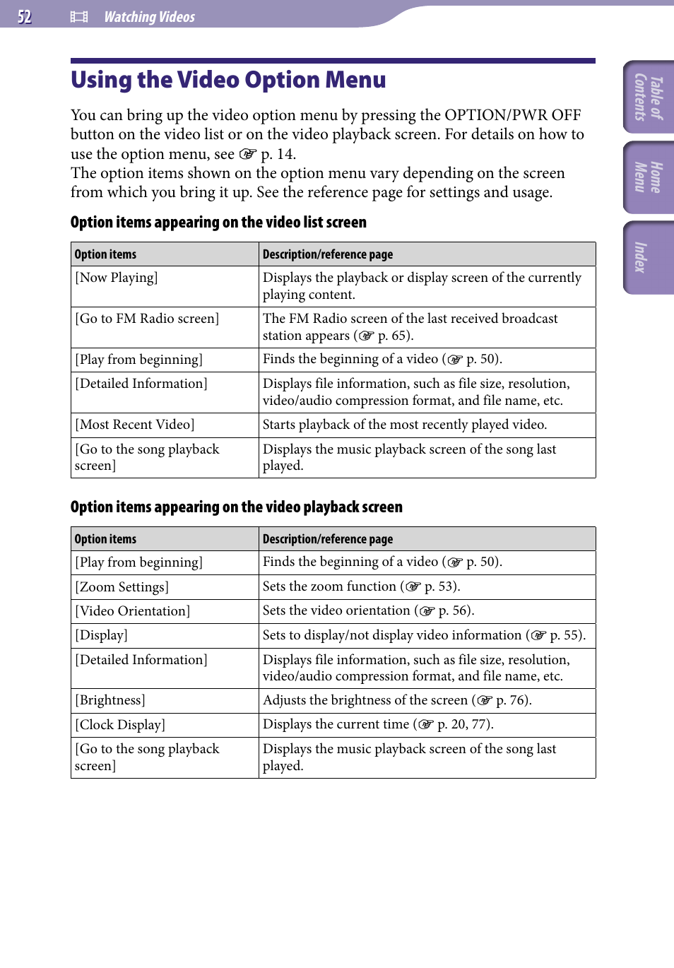 Using the video option menu | Sony NWZ-E345 User Manual | Page 52 / 119