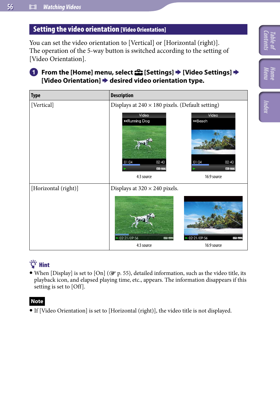 Setting the video orientation [video orientation, Setting the video orientation, Video orientation | Sony NWZ-E345 User Manual | Page 56 / 119