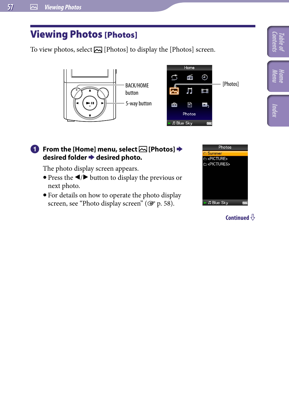 Viewing photos, Viewing photos [photos, Photos | Sony NWZ-E345 User Manual | Page 57 / 119