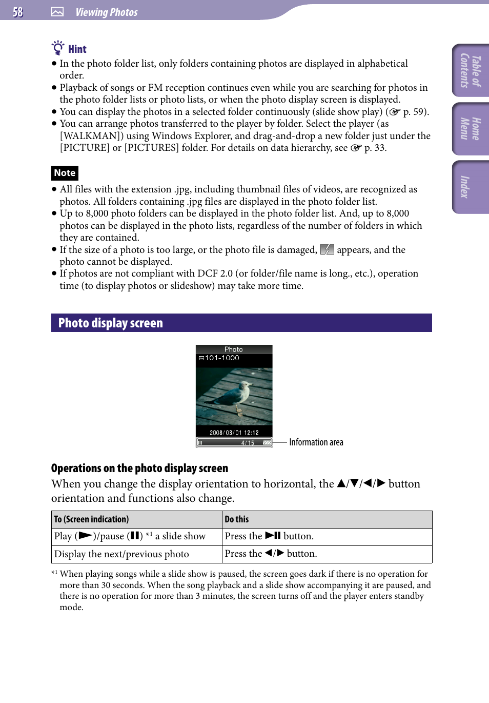 Photo display screen, Operations on the photo display screen, Table of cont ents home menu inde x | Sony NWZ-E345 User Manual | Page 58 / 119