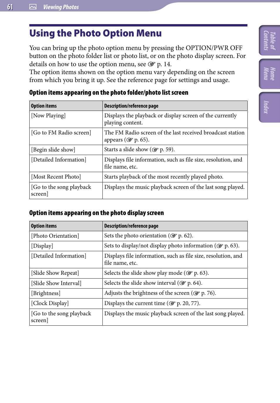 Using the photo option menu | Sony NWZ-E345 User Manual | Page 61 / 119