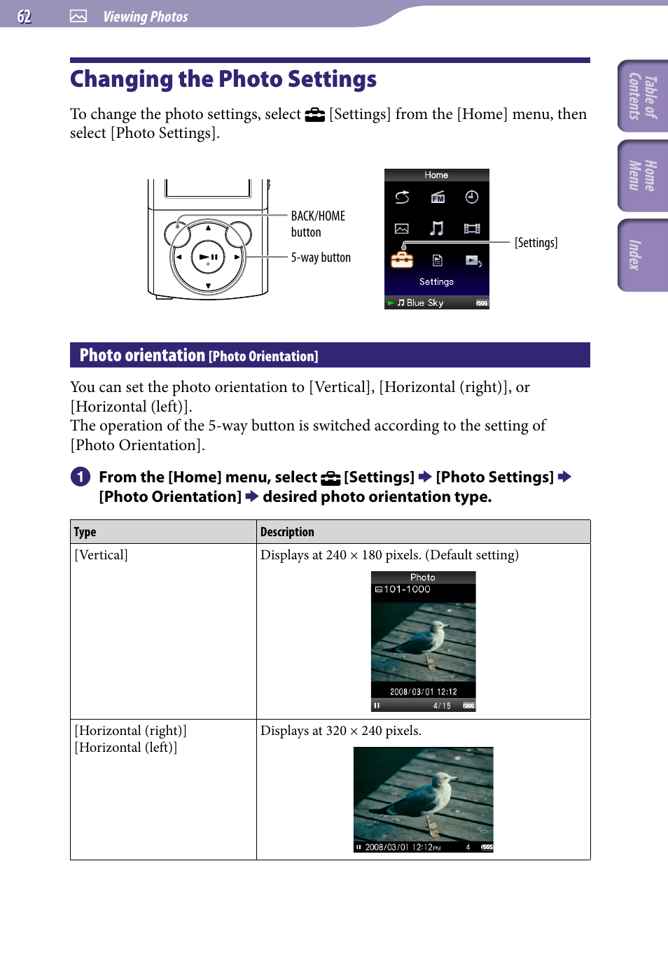Changing the photo settings, Photo orientation [photo orientation, Photo orientation | Sony NWZ-E345 User Manual | Page 62 / 119