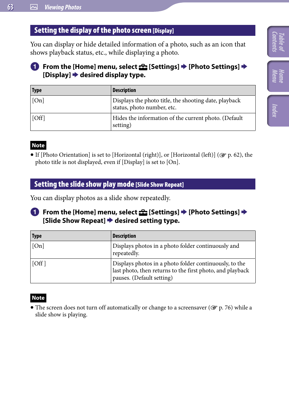 Setting the display of the photo screen [display, Setting the display of the photo screen, Display | Setting the slide show play mode, Slide show repeat | Sony NWZ-E345 User Manual | Page 63 / 119