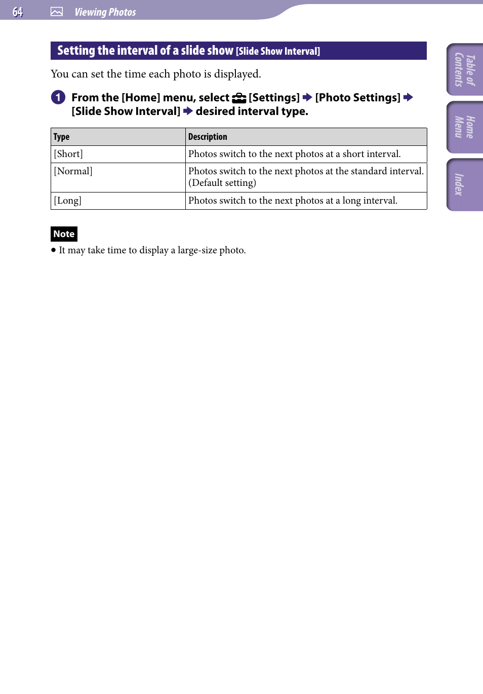 Setting the interval of a slide show, Slide show interval | Sony NWZ-E345 User Manual | Page 64 / 119