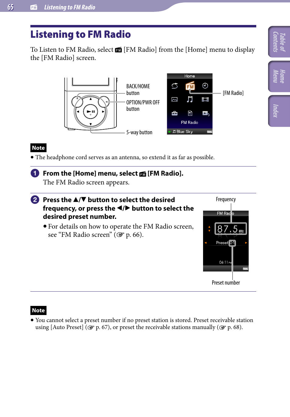 Listening to fm radio | Sony NWZ-E345 User Manual | Page 65 / 119
