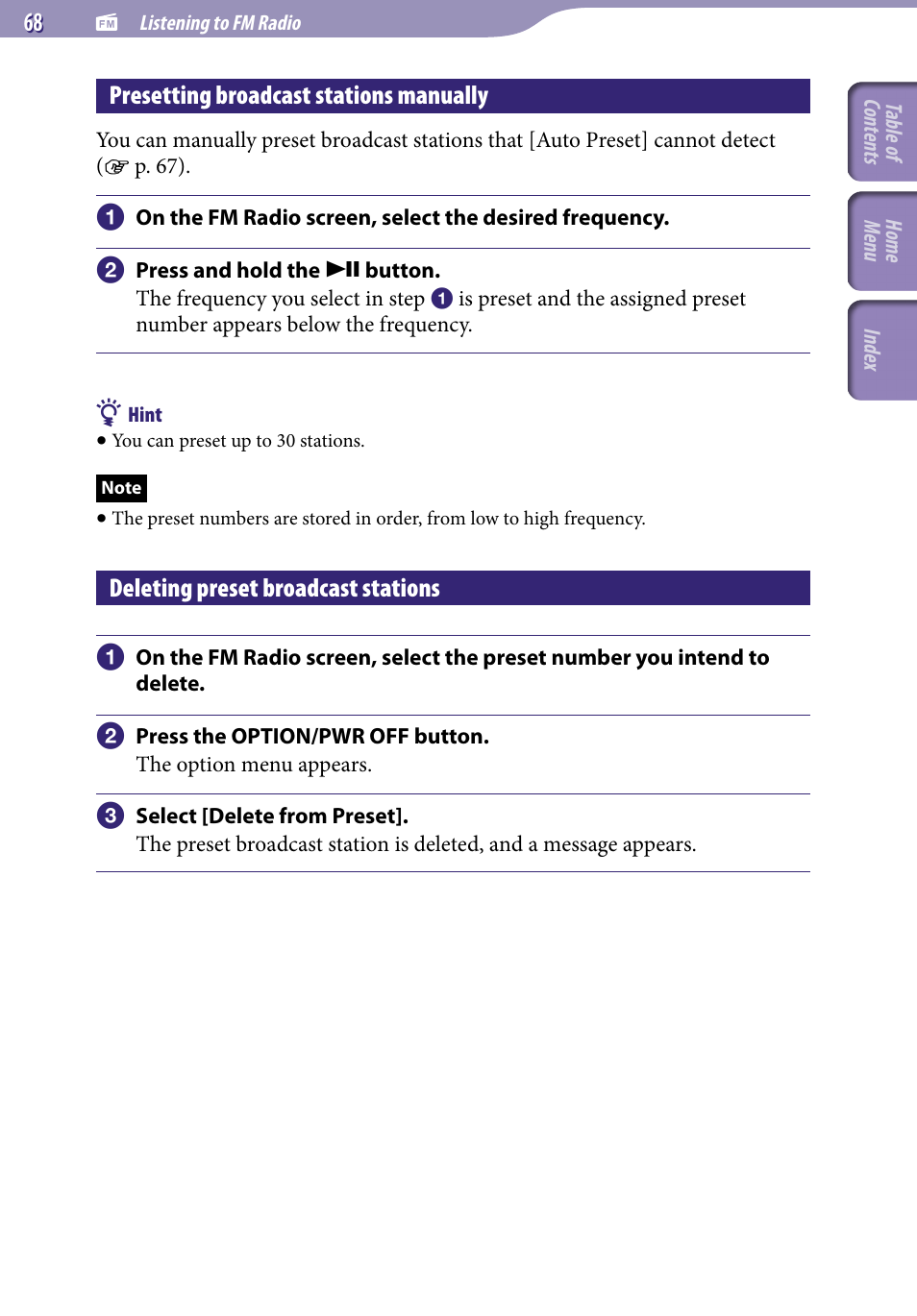 Presetting broadcast stations manually, Deleting preset broadcast stations | Sony NWZ-E345 User Manual | Page 68 / 119