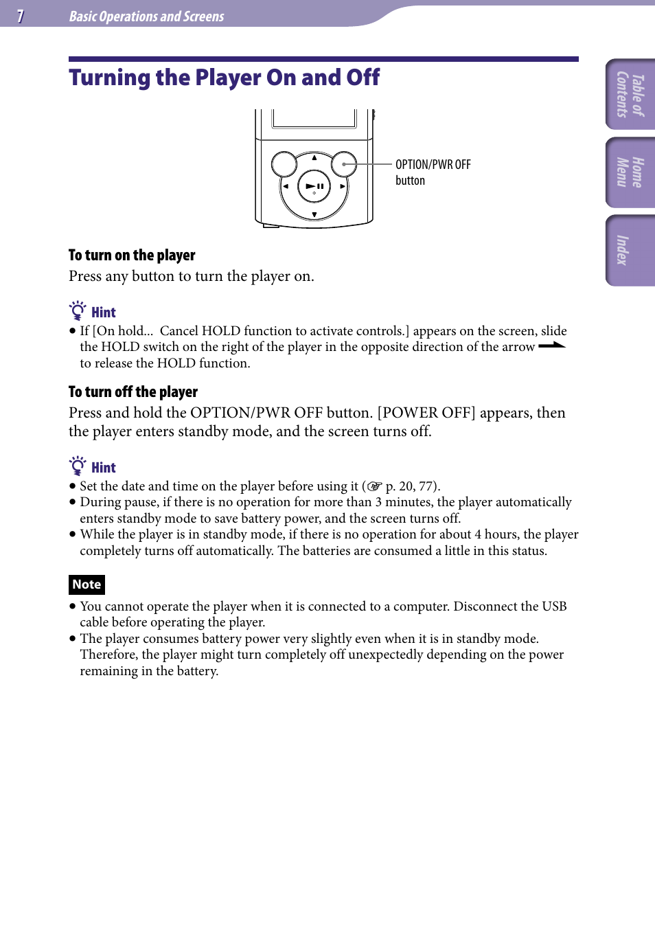 Turning the player on and off | Sony NWZ-E345 User Manual | Page 7 / 119