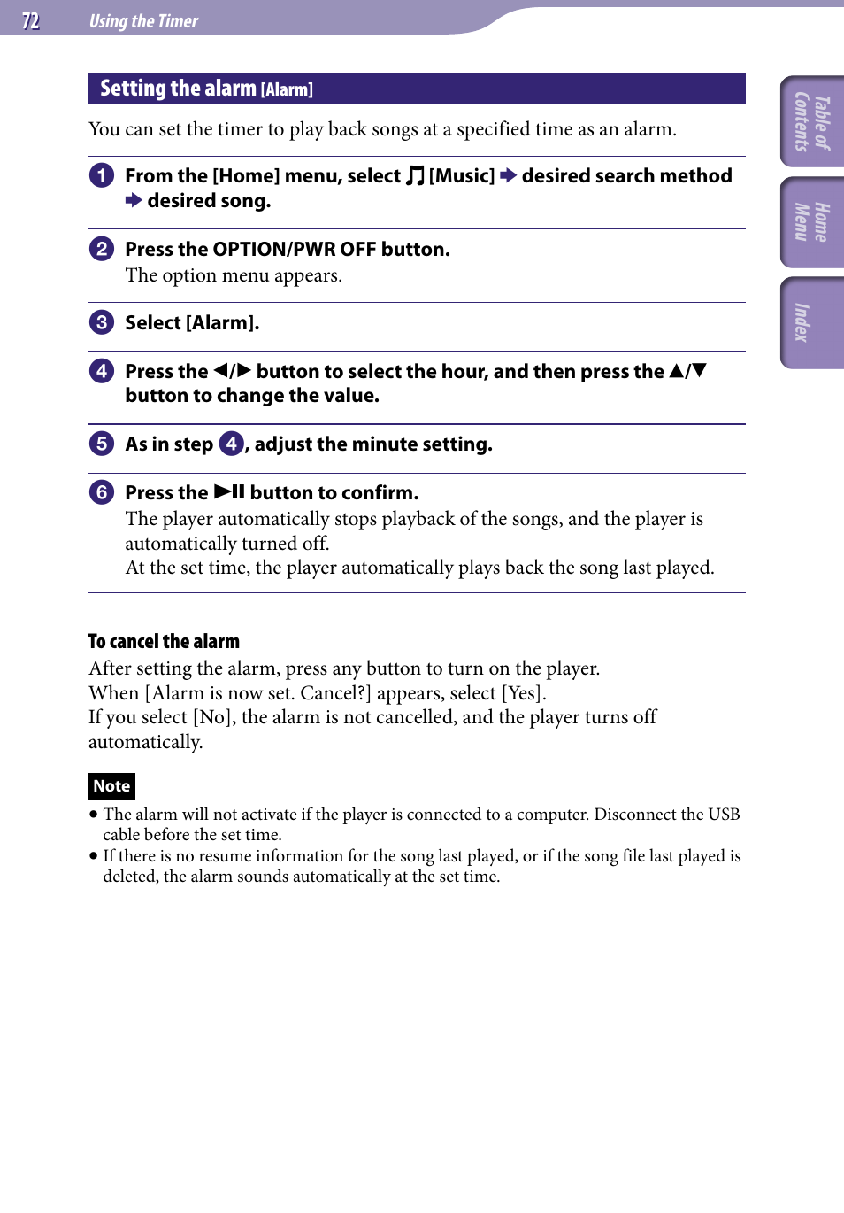 Setting the alarm [alarm, Setting the alarm, Alarm | Sony NWZ-E345 User Manual | Page 72 / 119