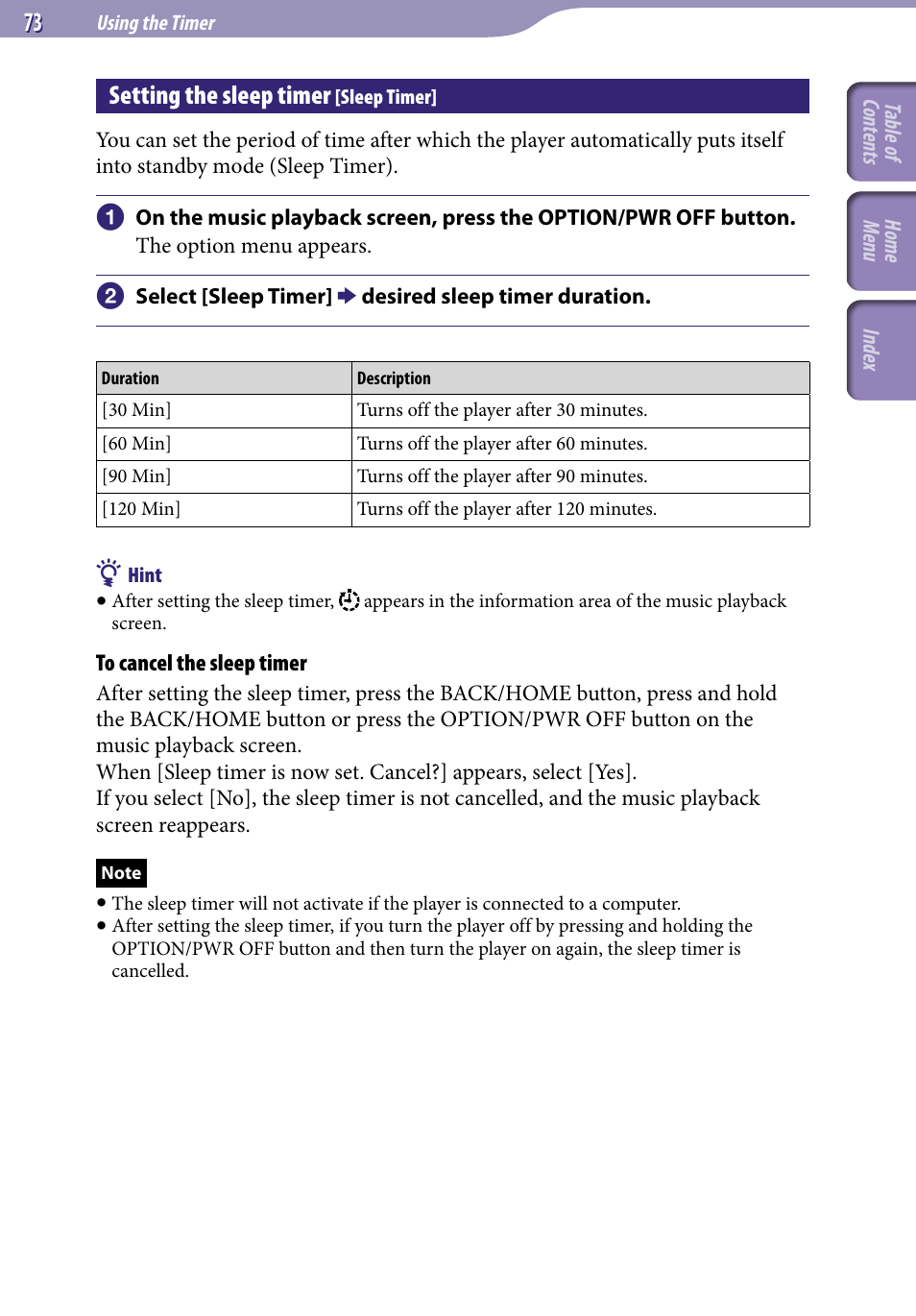 Setting the sleep timer [sleep timer, Setting the sleep timer, Sleep timer | Sony NWZ-E345 User Manual | Page 73 / 119