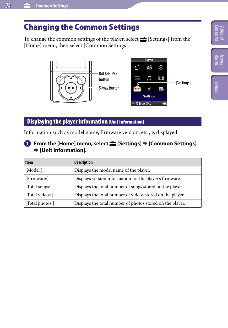 Common settings, Changing the common settings, Displaying the player information | Unit information | Sony NWZ-E345 User Manual | Page 74 / 119